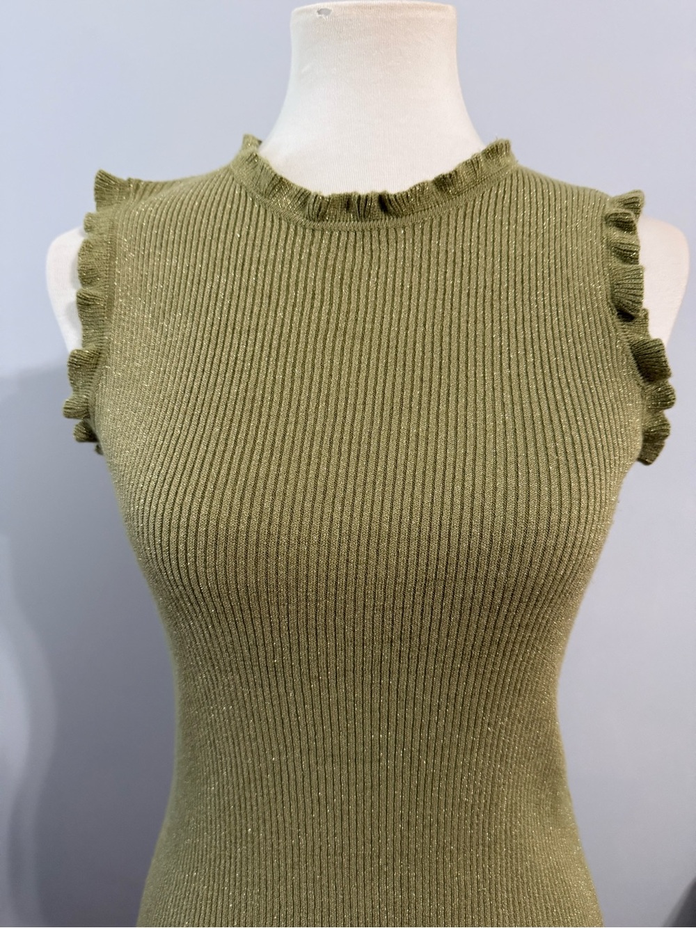 Olive Ribbed Sleeveless Tank with Ruffle Trim - Picture 3 of 5